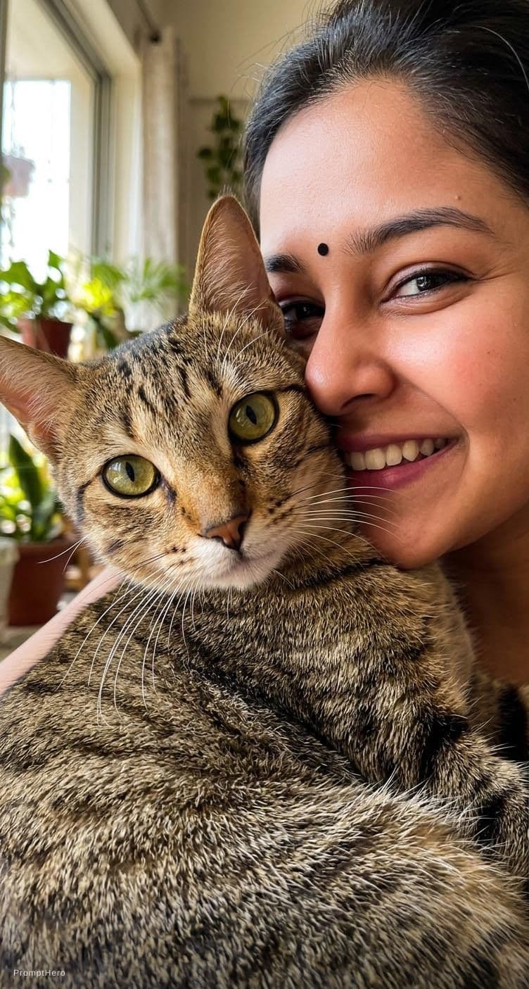AI generated: https://ibb.co/bJg55bF Realistic photo of cat with his owner, pure love, cute style
