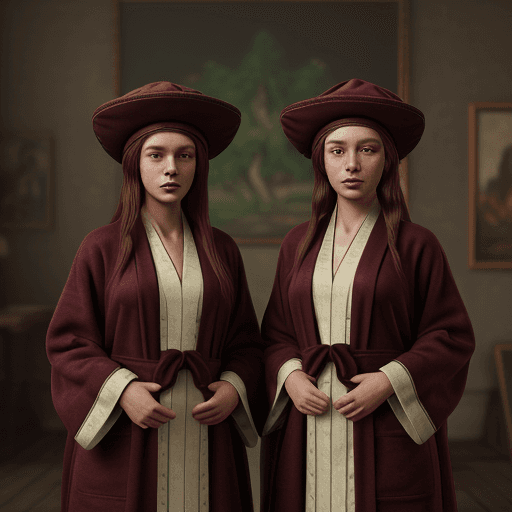 AI generated: a picture of two people, wearing cloth hats and robes, in the style of realistic animal portraits, u...