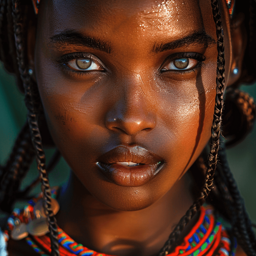 AI generated: a close up portrait of a young, stunning Zulu woman, self-confident but surprised expression, high q...