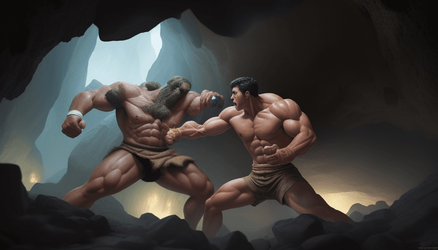 AI generated: giant men fighting in a cave, muscles, zach king, masters, 8k, nanites, no errors, perfect