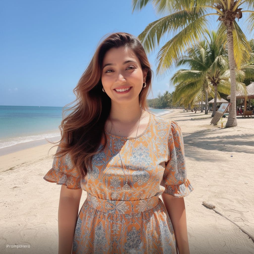 AI generated: A young woman with long, wavy brown hair, smiling brightly on a sunny beach. She wears a colorful, p...