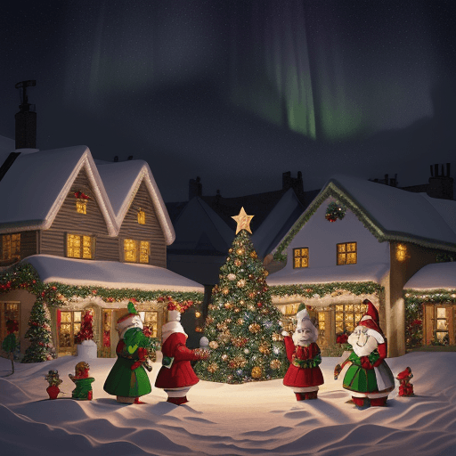 AI generated: "Create a vibrant, festive Christmas scene with a snowy village at night. The sky is filled with twi...