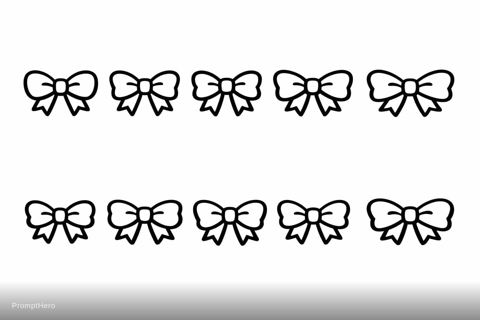 AI generated: collection of 10 simple cute bows, bold black line art, thick smooth outlines, rounded ribbon loops,...