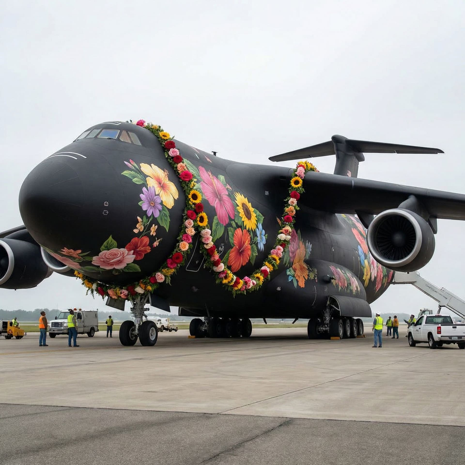 AI generated: Generate the biggest aircraft black color and have flowers 