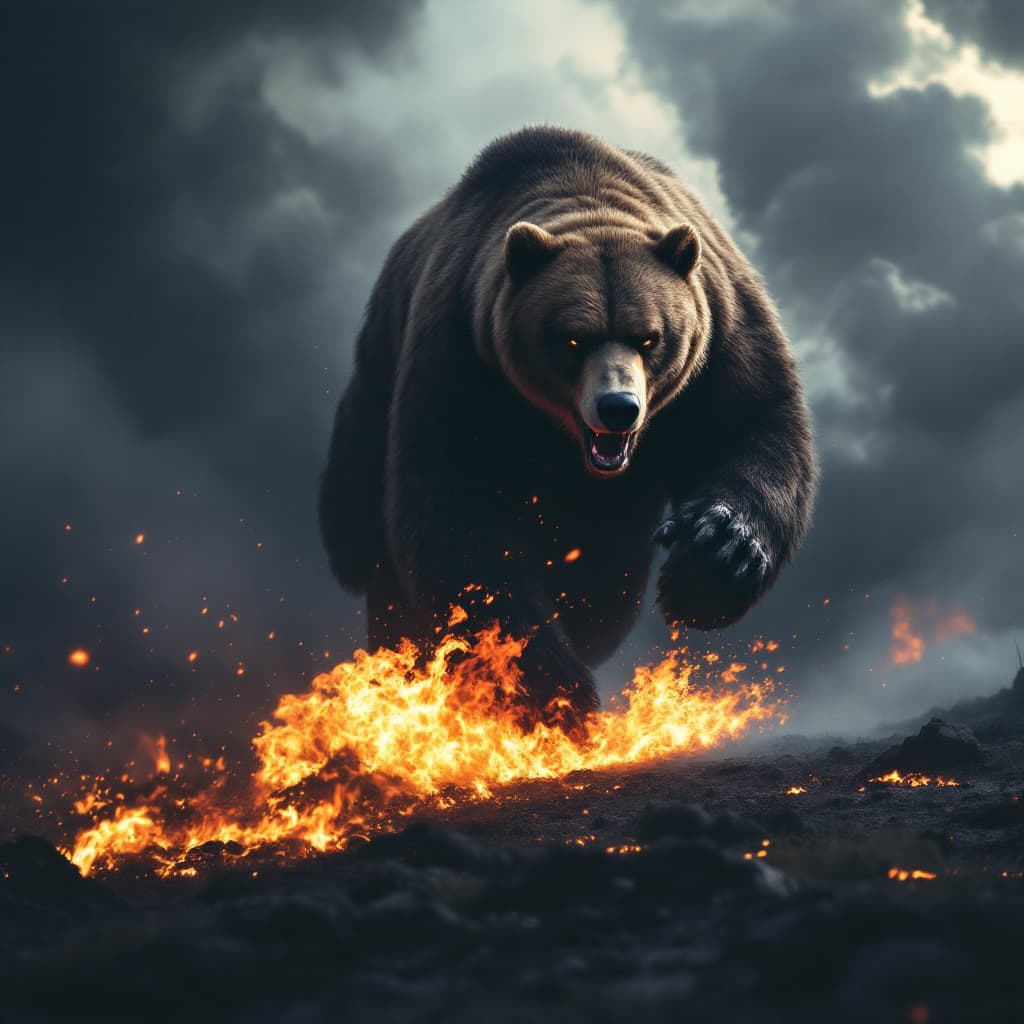 AI generated: The giant bear runs towards the camera slowly. The fire is glowing. The clouds are moving