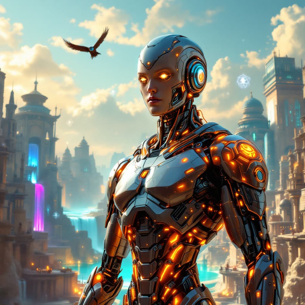 AI generated: "A cybernetically enhanced robot stands defiantly at the center of the mythical Ciudades de Tartaria...