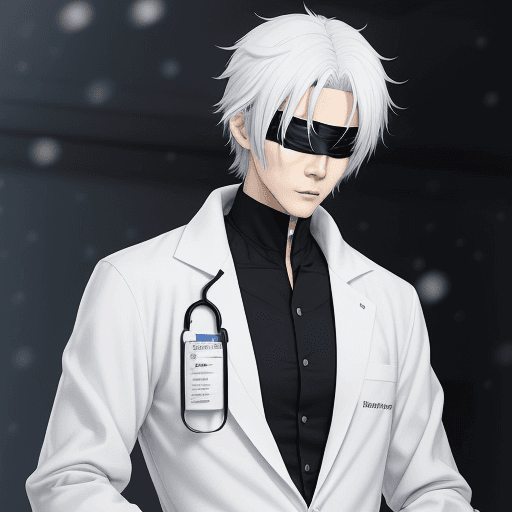 AI generated: Satoru Gojo, pharmacist tall man with a lean build, age more than 20 years, snow-white hair, vibrant...