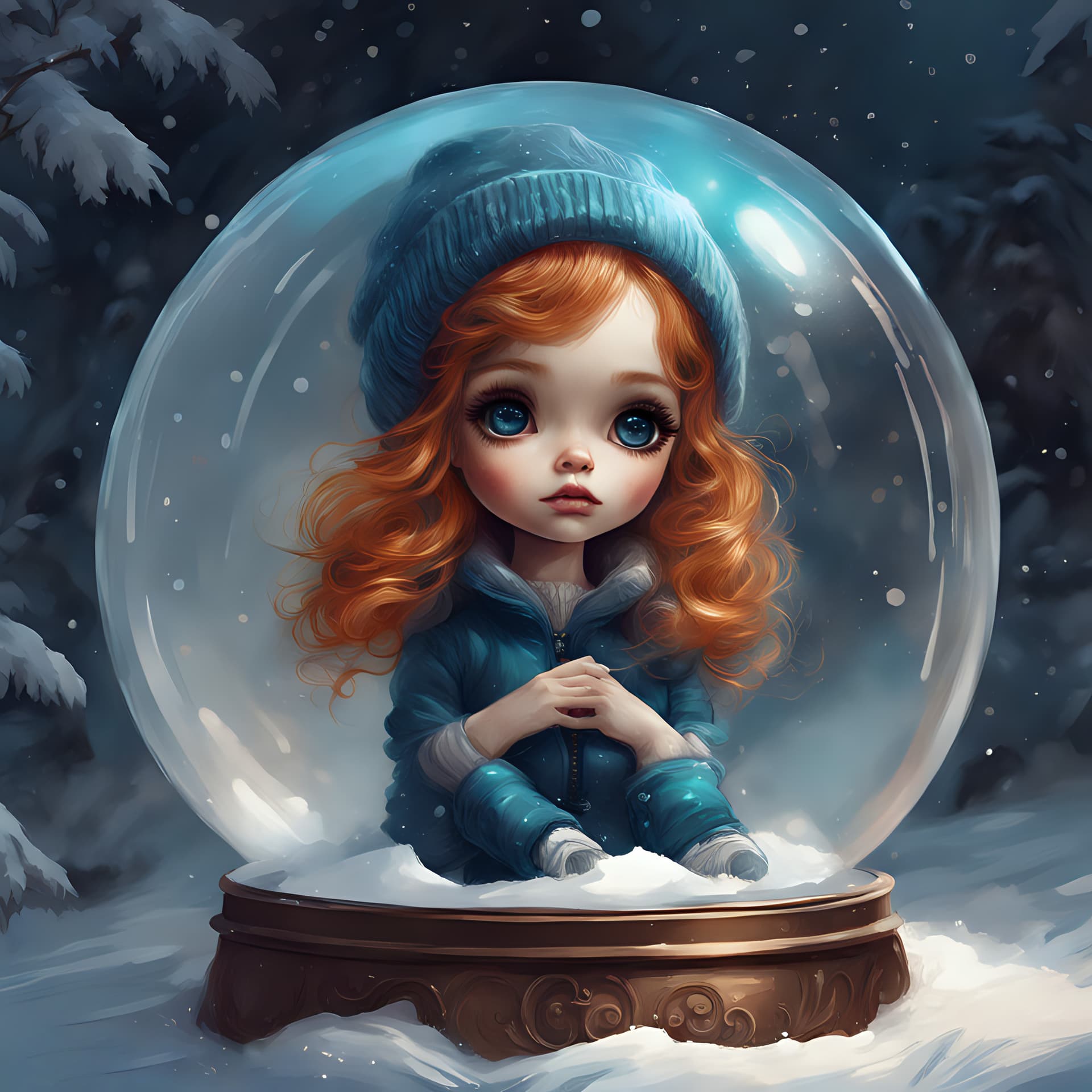 AI generated: at home, a Blythe doll (big eyes . round head . short ginger unkempted hair . blue eyes . light skin...