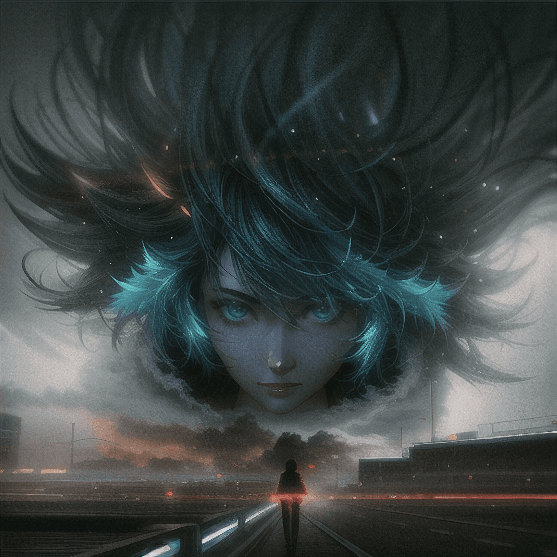 AI generated: chaos explosion, professional portrait, full body, biopunk female, beautiful face, cinematic lightin...