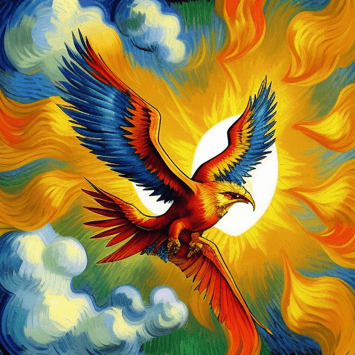 AI generated: flying firebird , with sun, in van gogh style