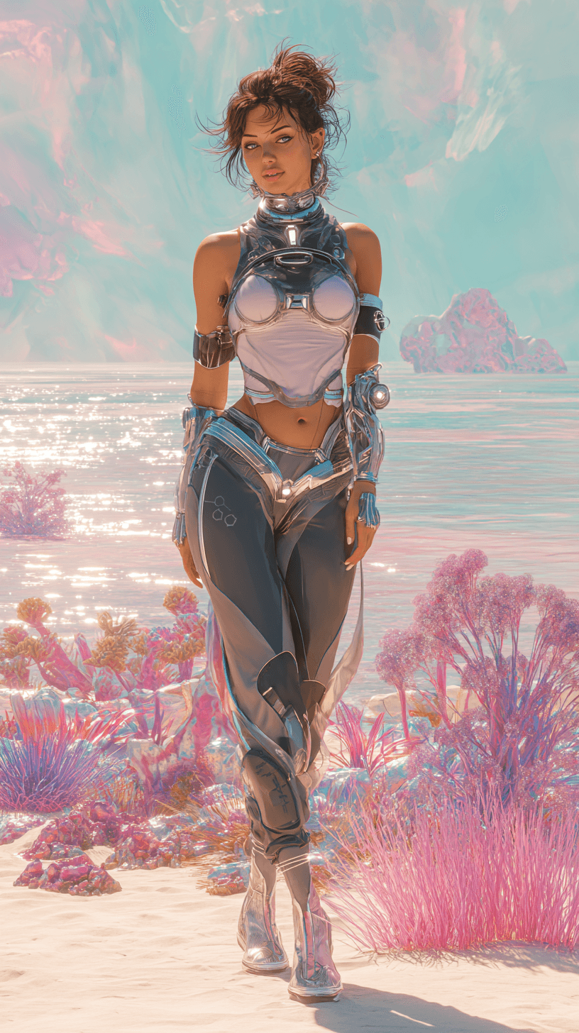 AI generated: Full-length portrait of a French woman in an astropunk style, standing confidently on a futuristic b...