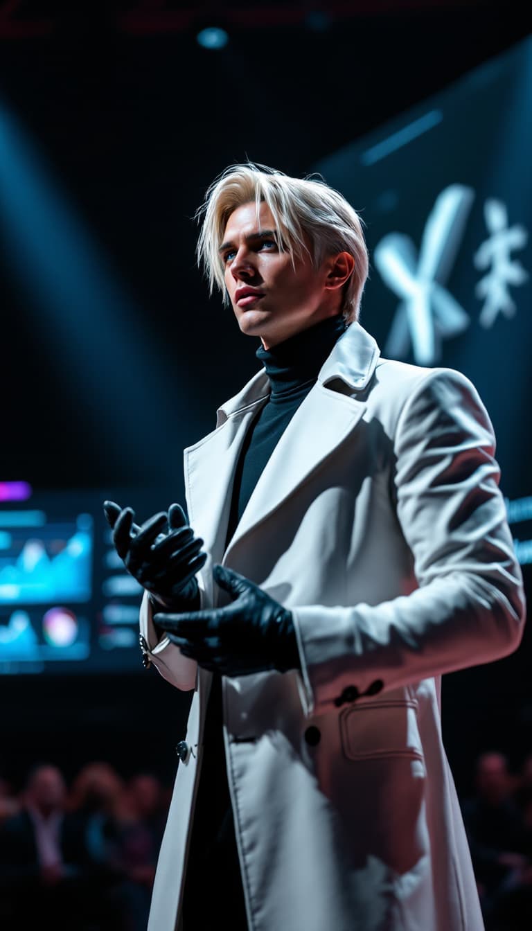 AI generated: A photorealistic candid shot of a strikingly composed young CEO inspired by Rufus from Final Fantasy...