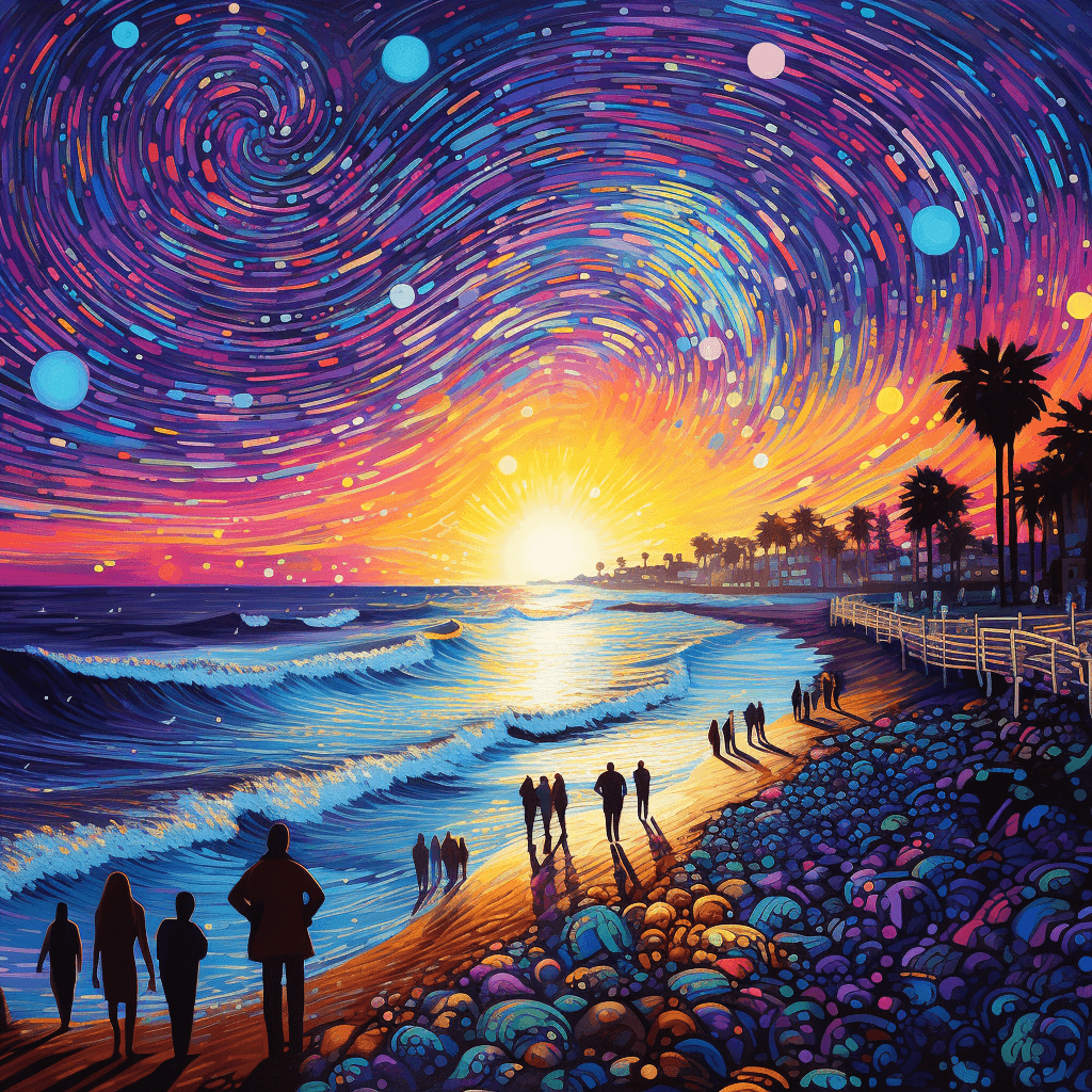 AI generated: lite brite art of people being outdoors on a beach, in the style of colorful cityscapes, california ...