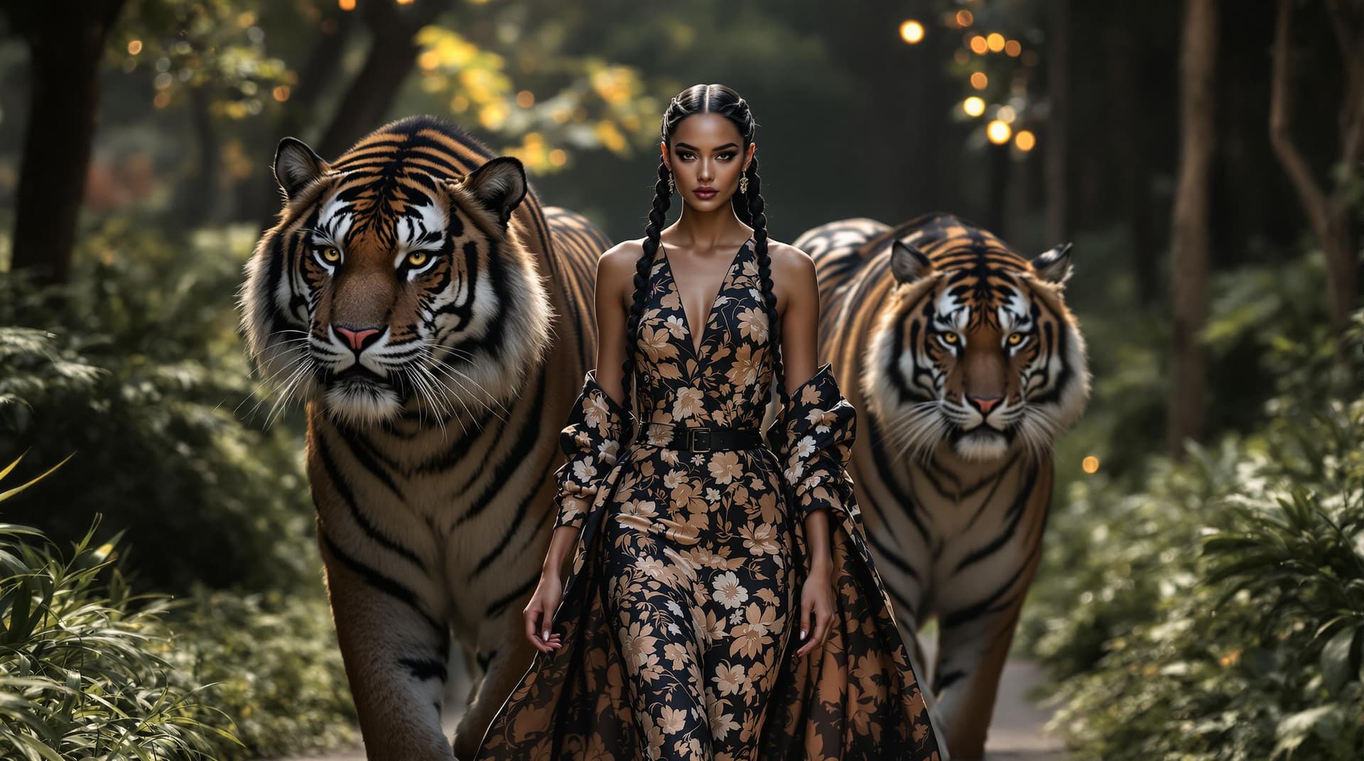 AI generated: catwalk,fashion beautiful model ,walking with huge felines black tigers on the sides,their clothings...