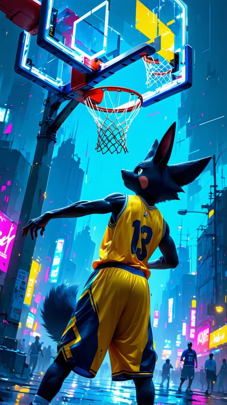 AI generated: This image features a dynamic and highly stylized representation of Lucario, a popular Pokémon, in a...