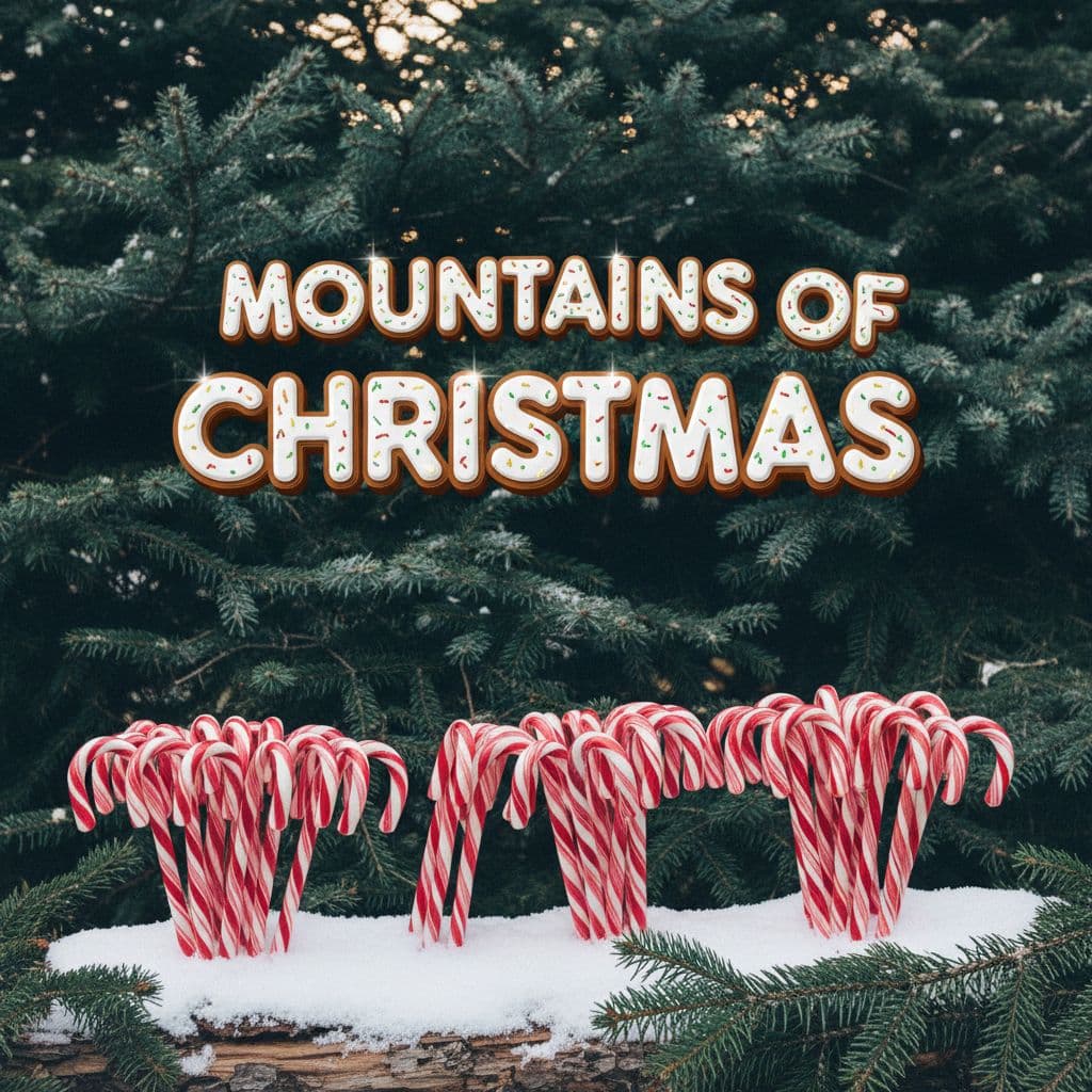 AI generated: Green fir background with candy canes, playful font in Mountains of Christmas