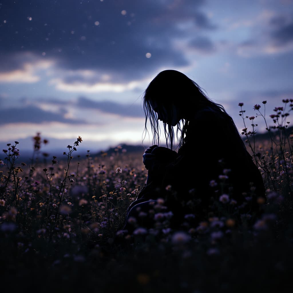 AI generated: Silouhette of billie eilish sitting down in a field of wildflowers and hugging her knees, from the s...