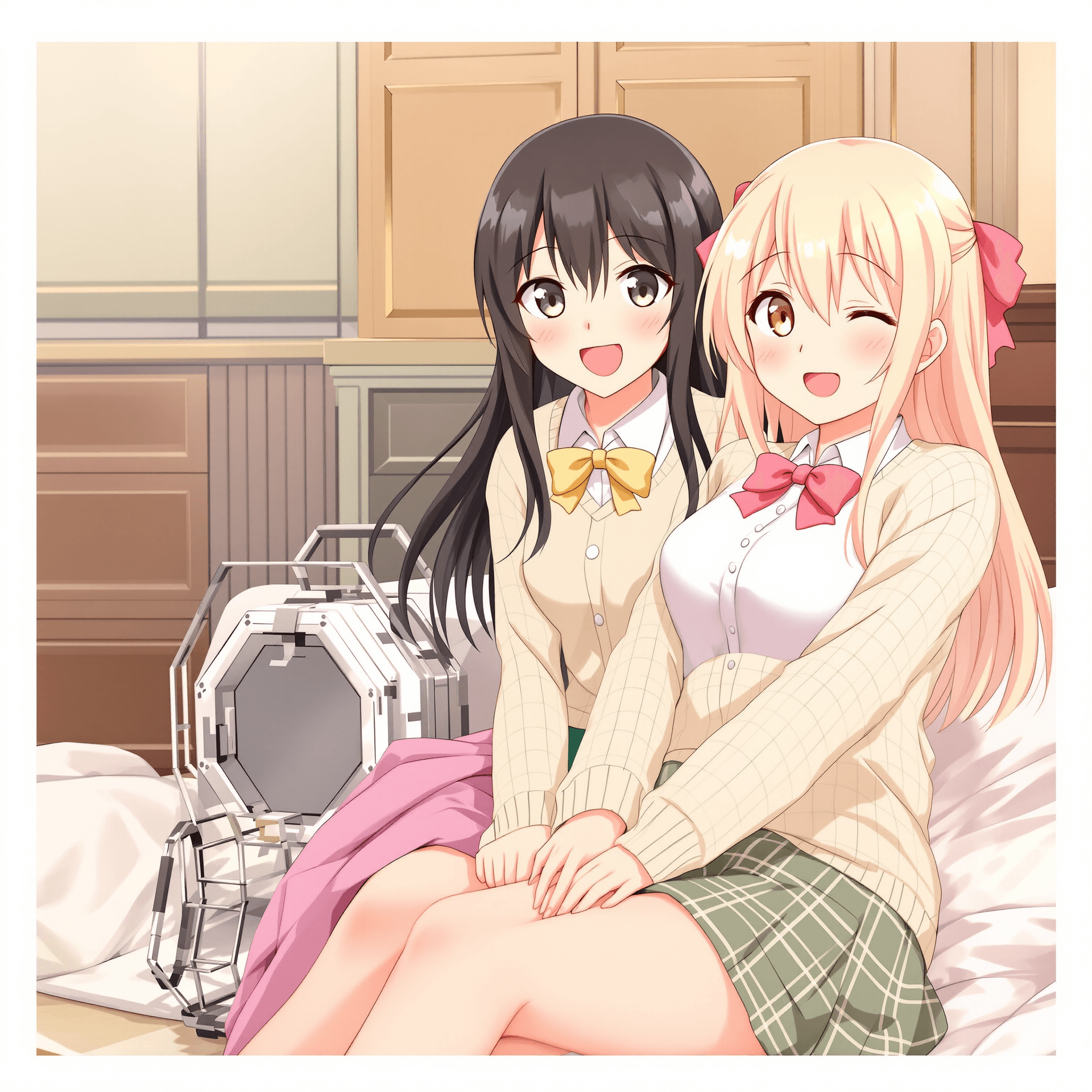 AI generated: detailed_background,indoors,green_skirt,holding_hands,clothes_around_waist,okusawa_misaki,skirt,whit...