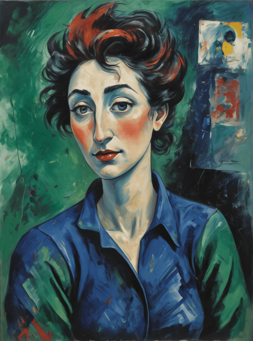 AI generated: a woman, oil on canvas, (by Marc Chagall:1.5), (by Hans Hartung:1.8)