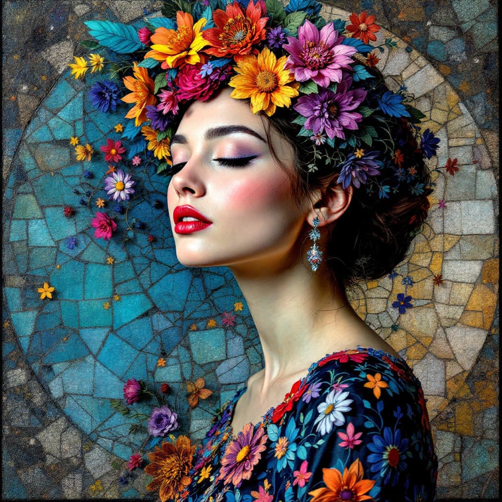 AI generated: Woman portrait,  (stylized art:1.5),  (stained glass style:1.4),  (colorful flower hat:1.2),  (woman...