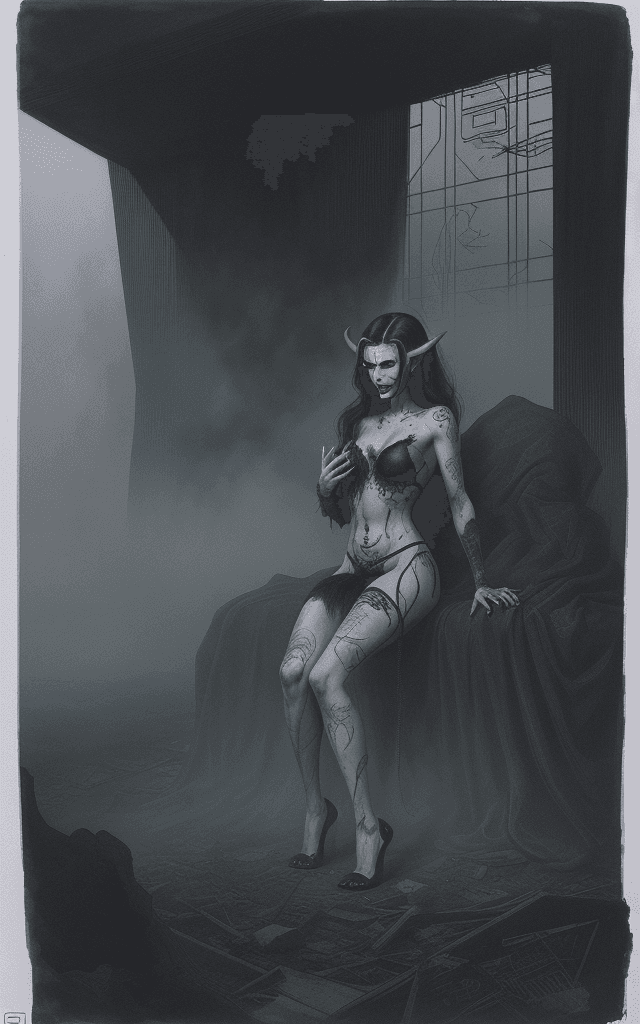 AI generated: evil attractive female succubus stalking sleeping man, micron pen drawing, ink illustration, storybo...