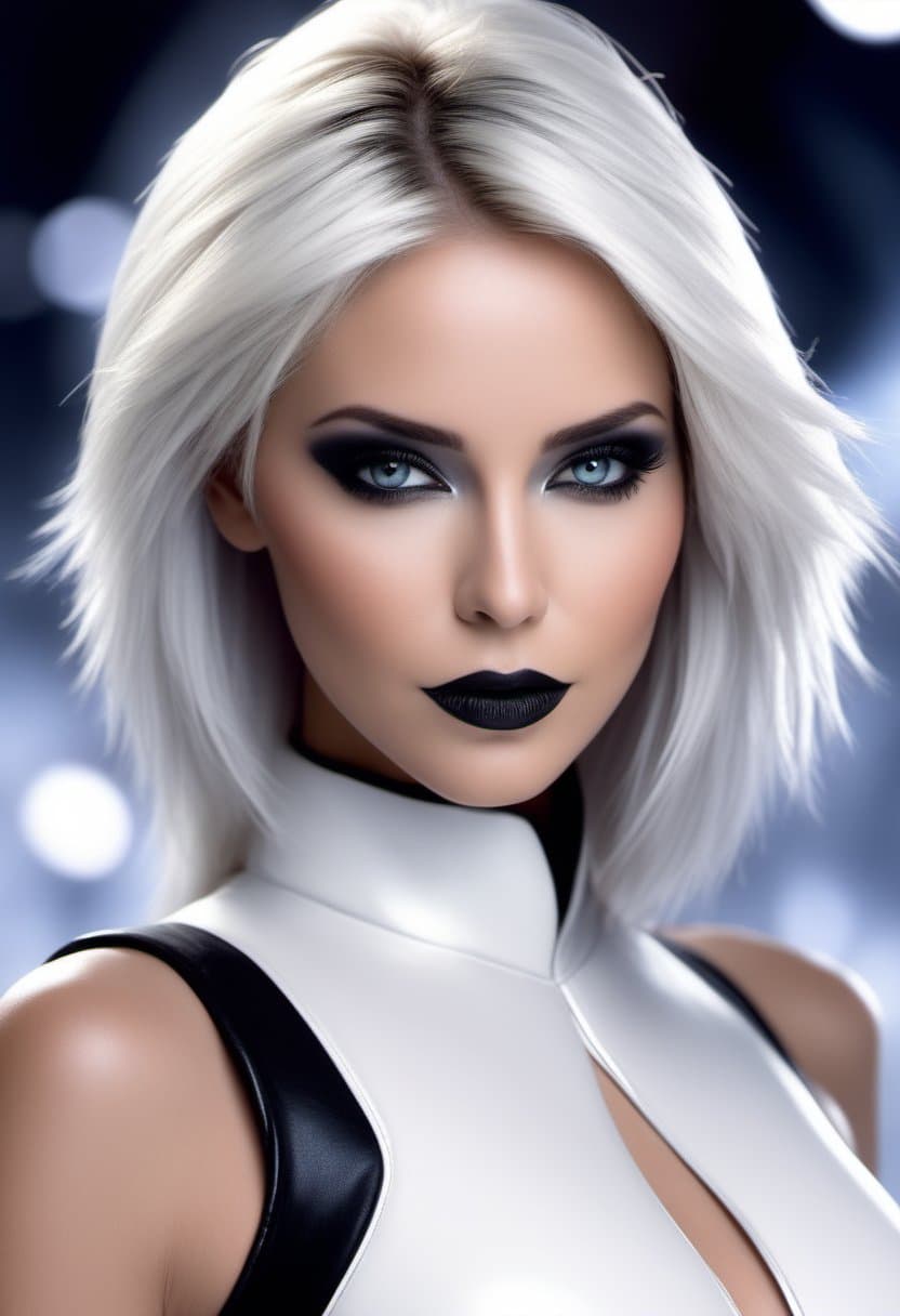 AI generated: Photo realistic young Farscape Chiana, kissy face, full Farscape Chiana white face paint, black shad...