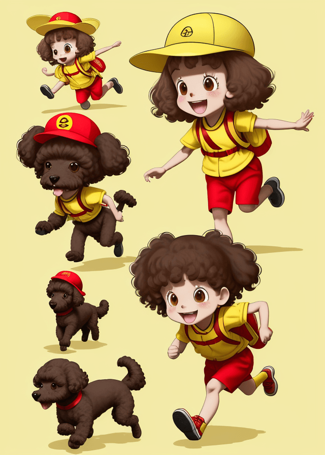 AI generated: A mischievous running small brown poodle dog character in japanese kinder garden unirfom, yellow hat...