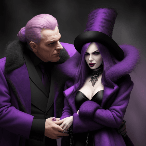 AI generated: a evil woman in a purple fur coat hypnotizing a man