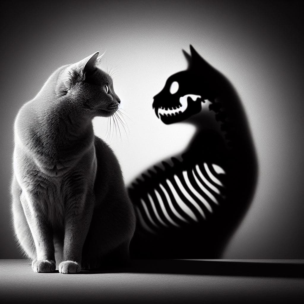AI generated: A profile view of a very beautiful cat, with its shadow prominently cast on the ground, revealing a ...
