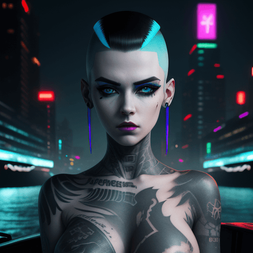 AI generated: beautiful pale cyberpunk female with heavy black eyeliner, blue eyes, shaved side haircut, tatoo of ...