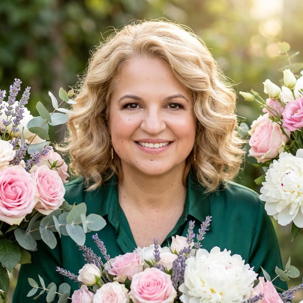 AI generated: Make me beautiful and surround me with flowers. Change what I ware.
