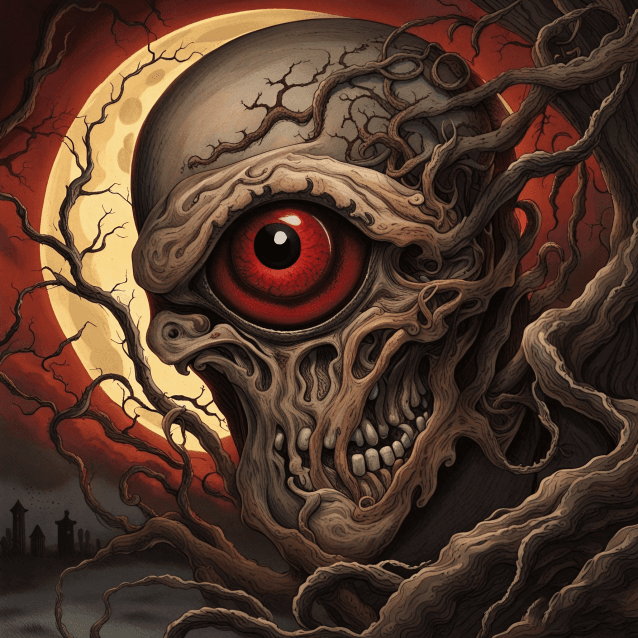 AI generated: Create a haunting artwork depicting a macabre and twisted version of a cyclops. The creature's singl...