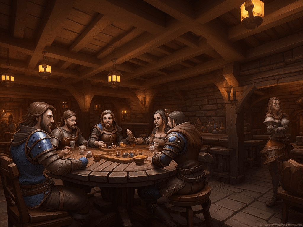 AI generated: inside medieval tavern, video game, guest around table, playing role game, d20, hearthstone theme, p...