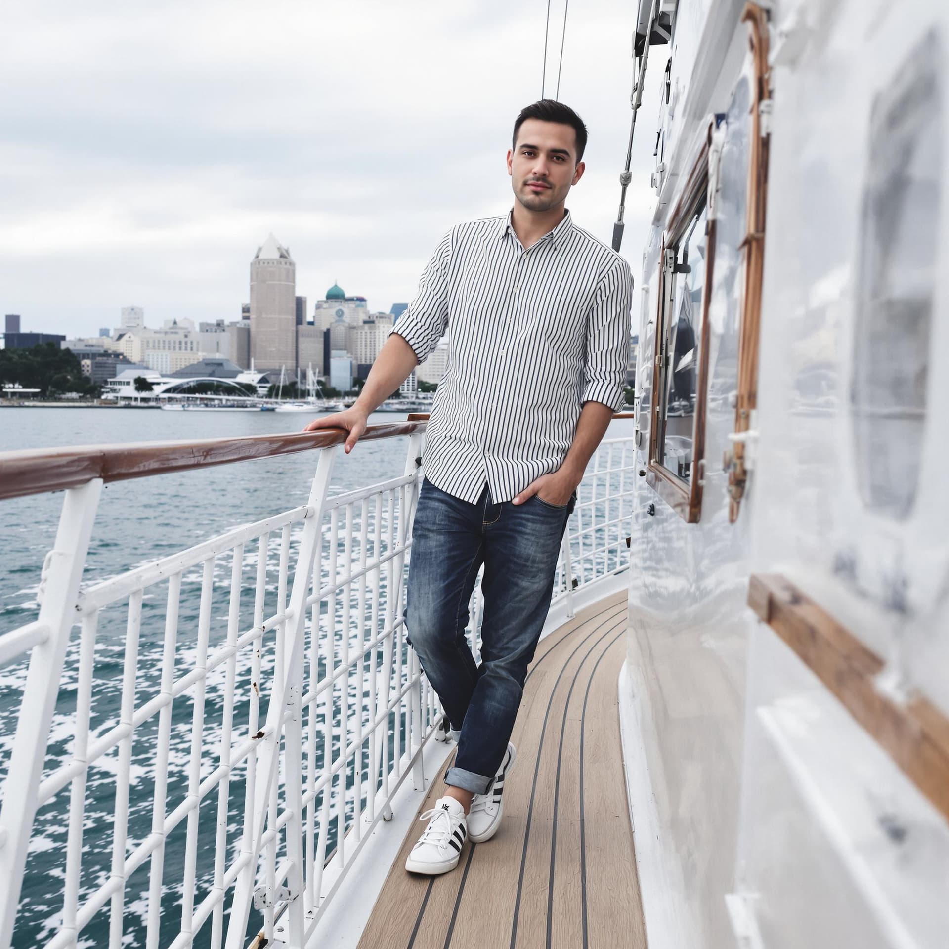 AI generated: A man stands effortlessly on the boat's wooden deck, white sneakers and dressed in striped shirt and...