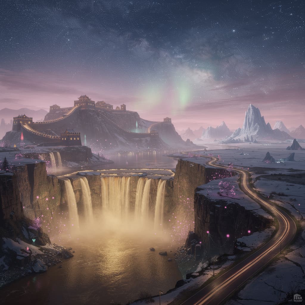 AI generated: This is a surreal and complex cg rendering at night, the light pink sky covers the great falls on th...