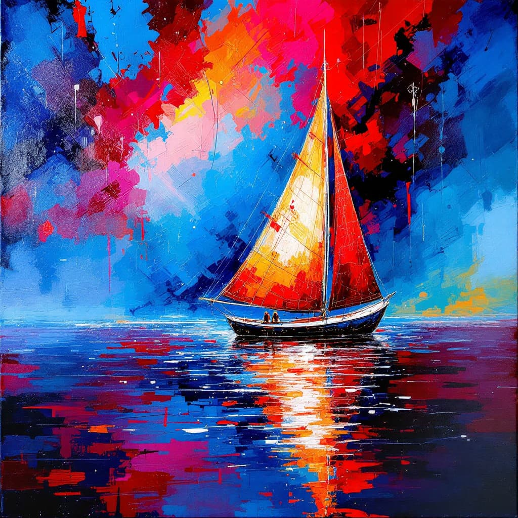 AI generated: An abstract sailboat on the water, with colorful, detailed, and modern artistic style. The painting ...