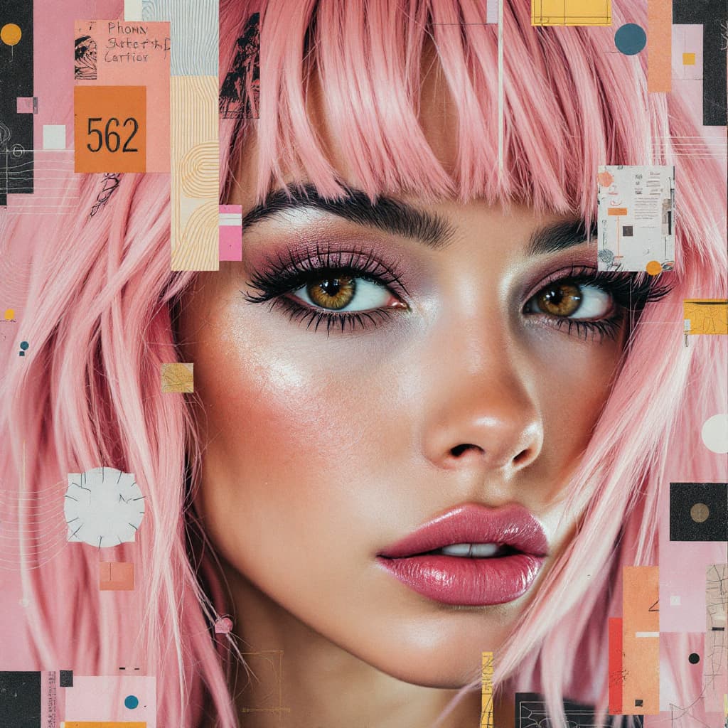 AI generated: woman with pink hair,brown eyes in the style of multi-layered collages, edgy street art, celebrity-p...