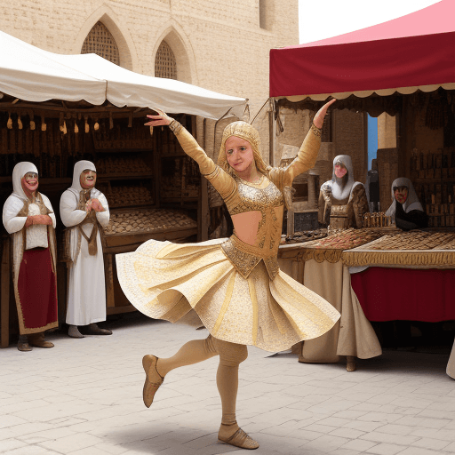 AI generated: A high resolution photo of a young blond middle eastern dancer performs for a group of people in a m...