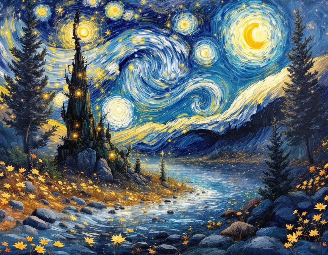 AI generated: Impressionist painting Dreamscape ((benderbot))   starry night painting by van gogh . Surreal, ether...