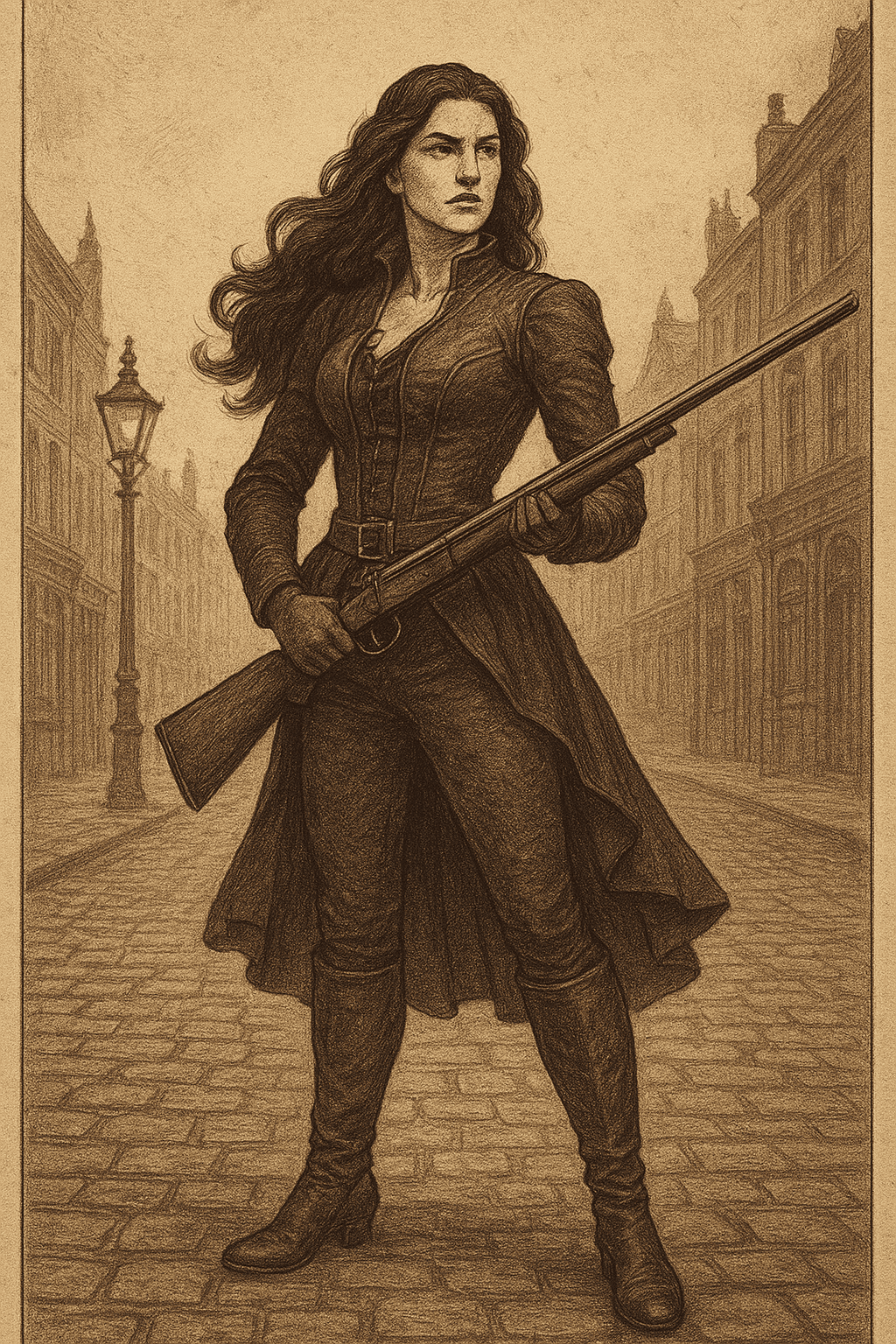 AI generated: In the style of a vintage scientific lithograph, create a 9:16 portrait of a powerful superheroine. ...