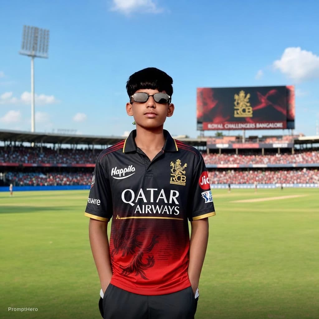 AI generated: Realistic HD cricket ground with RCB jersey .