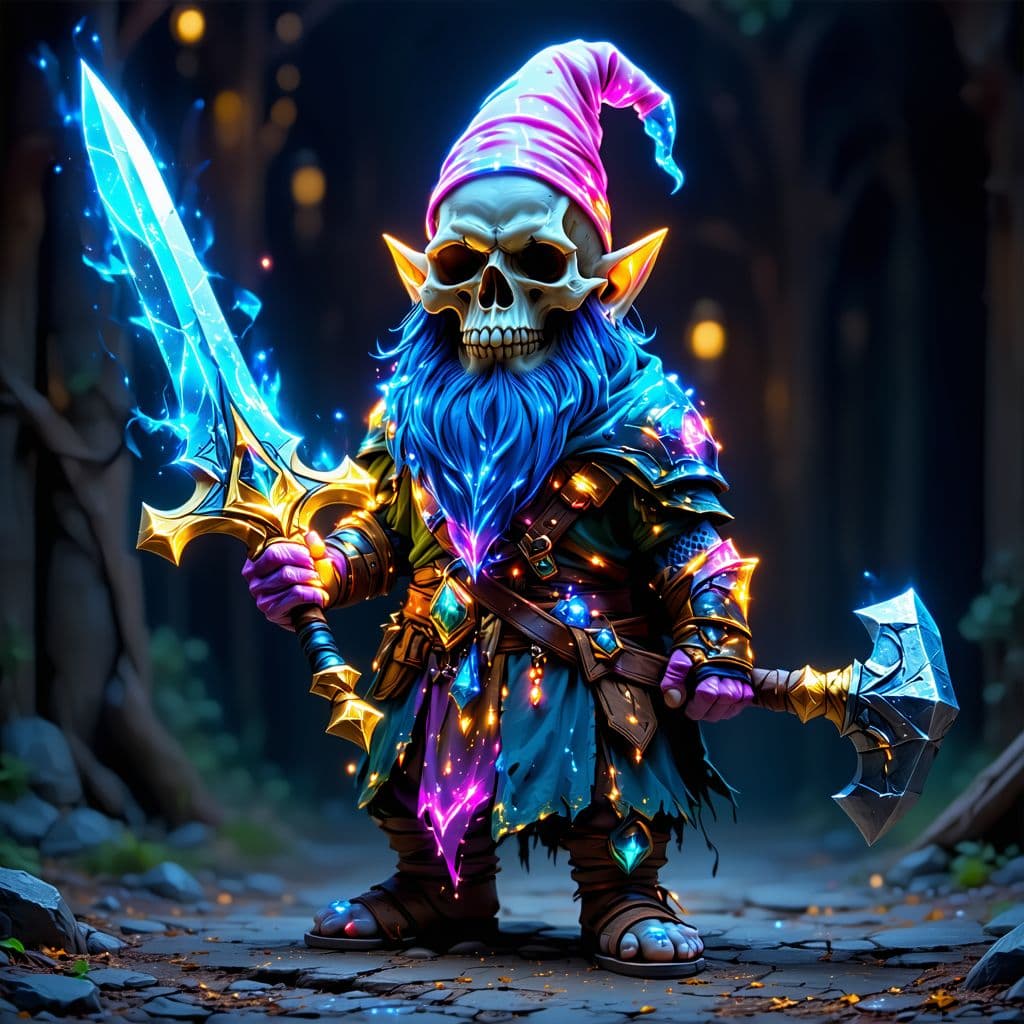 AI generated: 16K UHD, Photorealistic Image of A Vivid Colorized Gnome Biotech Warrior with a Haunted Skull for a ...