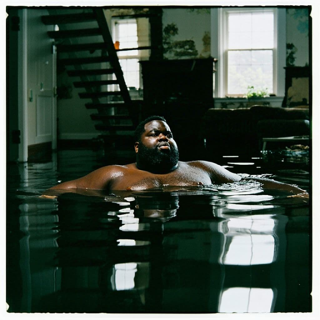 AI generated: grainy 80's photograph quality polaroid of big fat round black man drowning caught in an abandoned h...