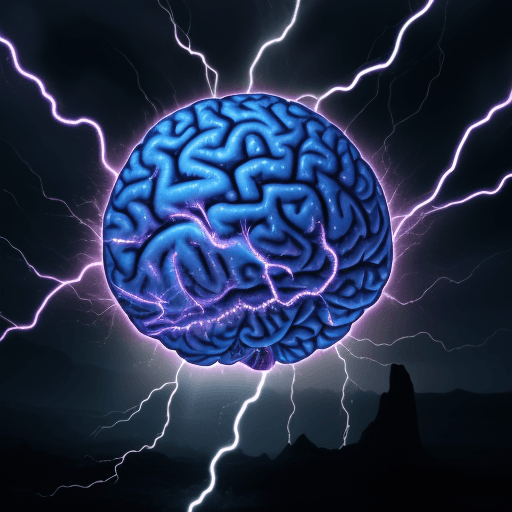 AI generated: A brain being struck by a bolt of lightning. The orb should have a metallic sheen and be surrounded ...