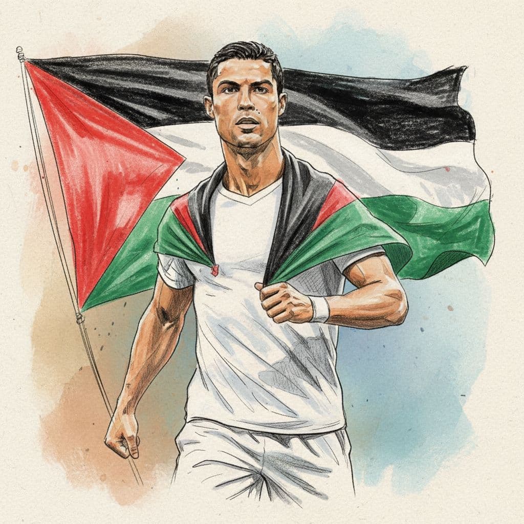 AI generated: make cristiano ronaldo with palestine flag with color sketch
