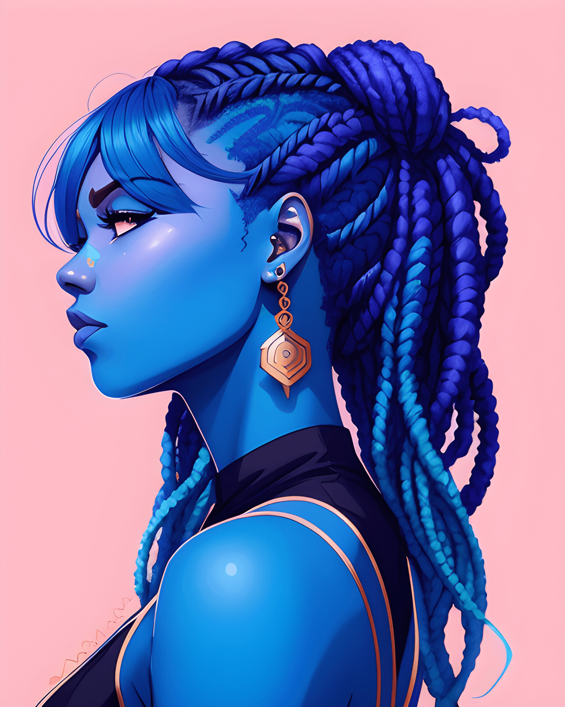 AI generated: a close up of a woman with blue hair and a blue dress, low detailed. digital painting, inspired by L...