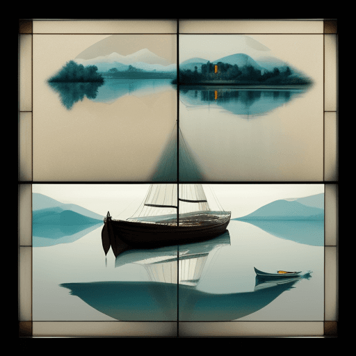 AI generated: stained glass tiffany, Four canvas each depicting a riverbank, a boat, Minimalistic, negative space....