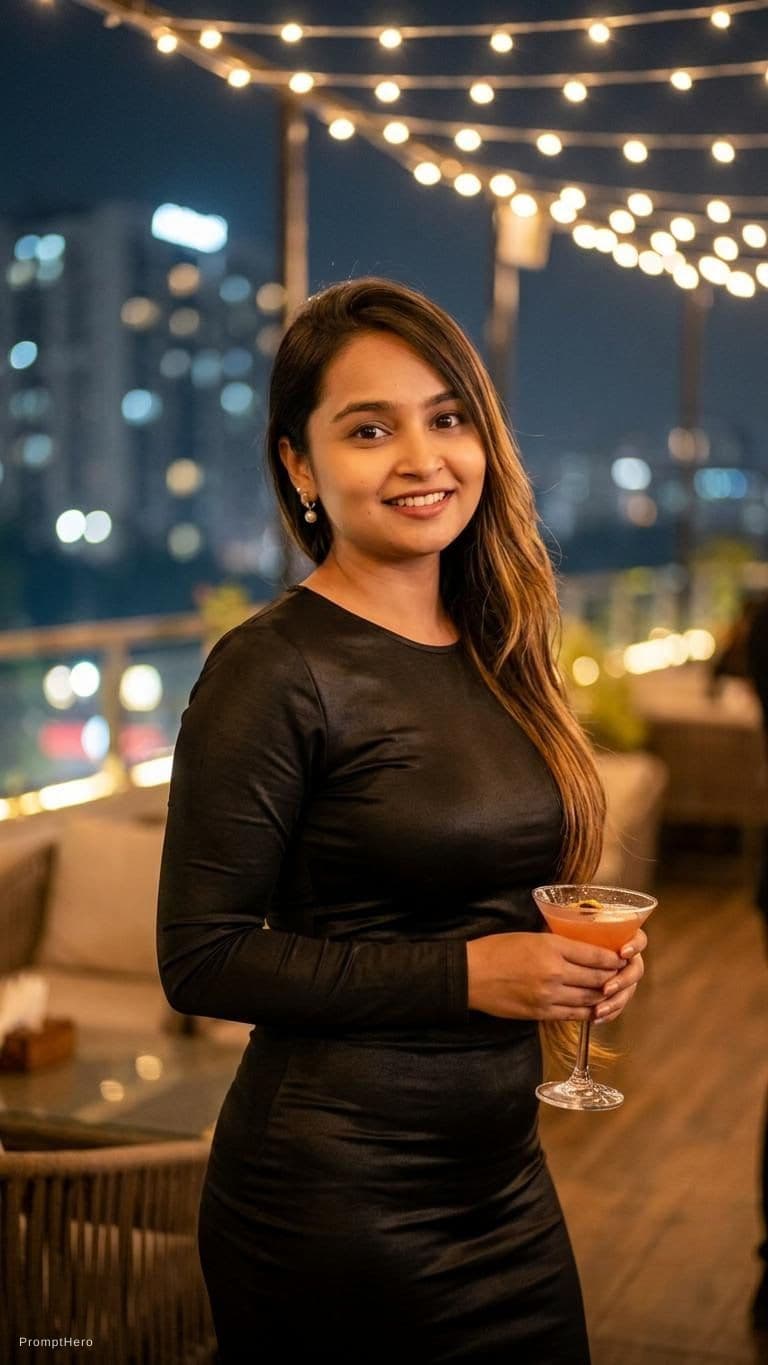 AI generated: woman smiling and looking at camera. Bodycon dress in an evening setting.