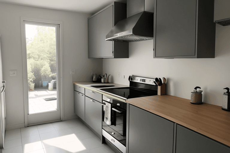 AI generated: INFRONT OF HIM VIEW,90 DEGREES.kitchen looking towards a sink under a window, with a door on the lef...