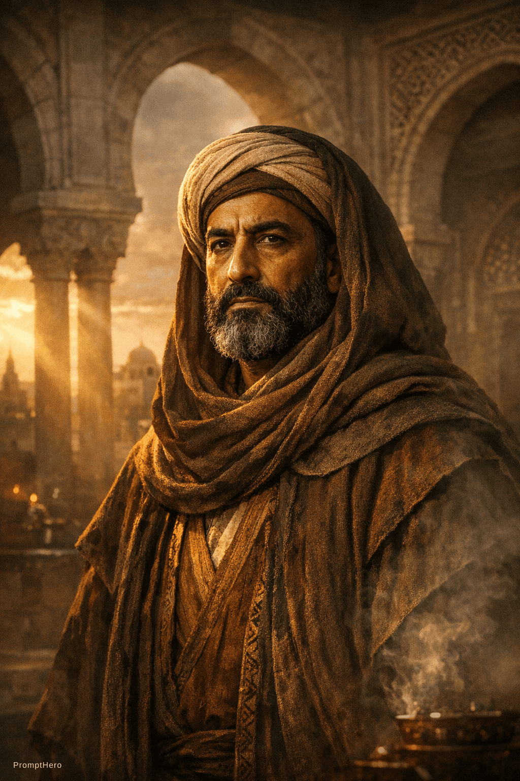 AI generated: Epic cinematic portrait of Ibn Khaldun (Ibn Jaldún), 14th-century Arab historian and philosopher, po...